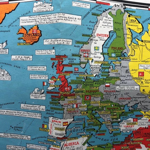 Vintage Stanley Turner New Dated Events WWII Map The Grolier Society Ltd. pub. - Picture 9 of 14